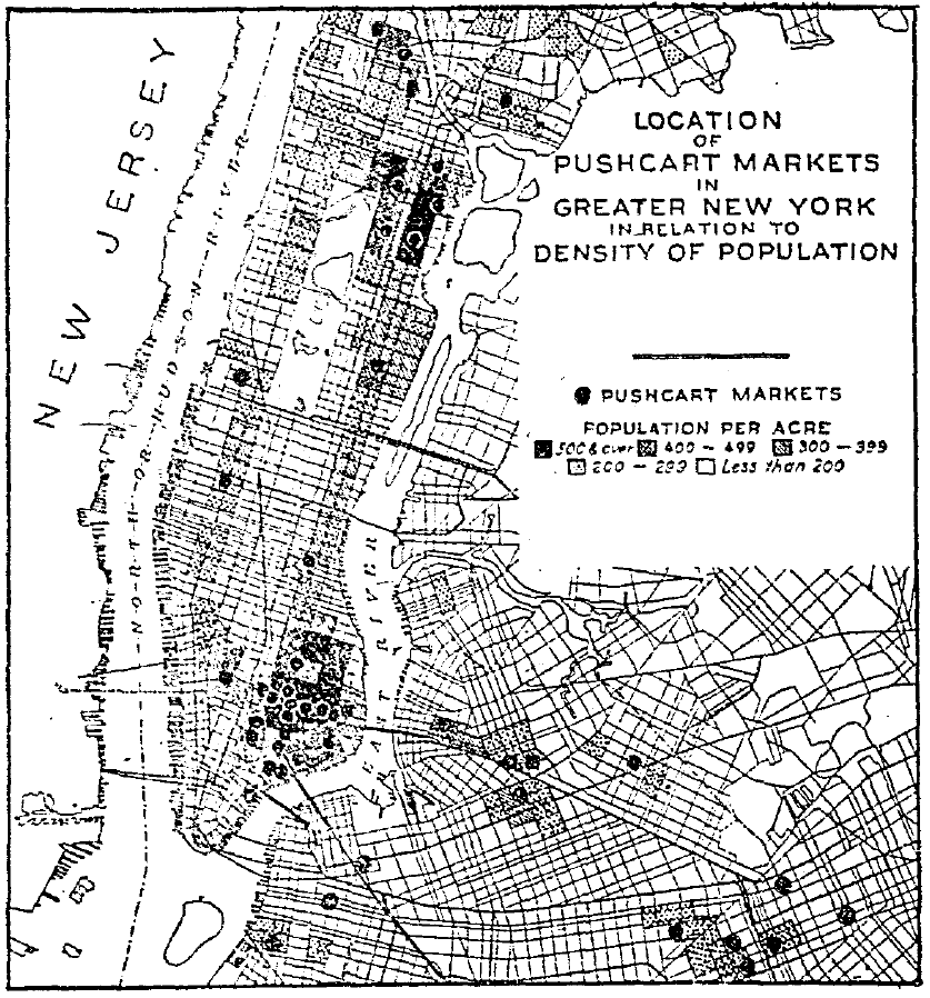 Illustrated map of pushcart locations in Paddy's Market neighborhood.